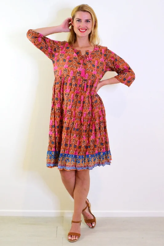 Orange Pink Rebecca Tie Neck Tunic Dress