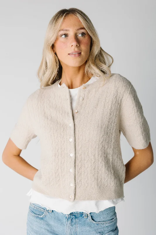 Lucy Cable Knit Short Sleeve Cardigan Polished Women's Silk