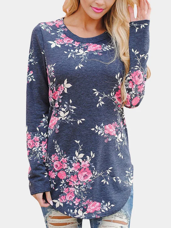 Custom Round Neck Floral Print Long Sleeve Curved Hem Grey T-Shirts