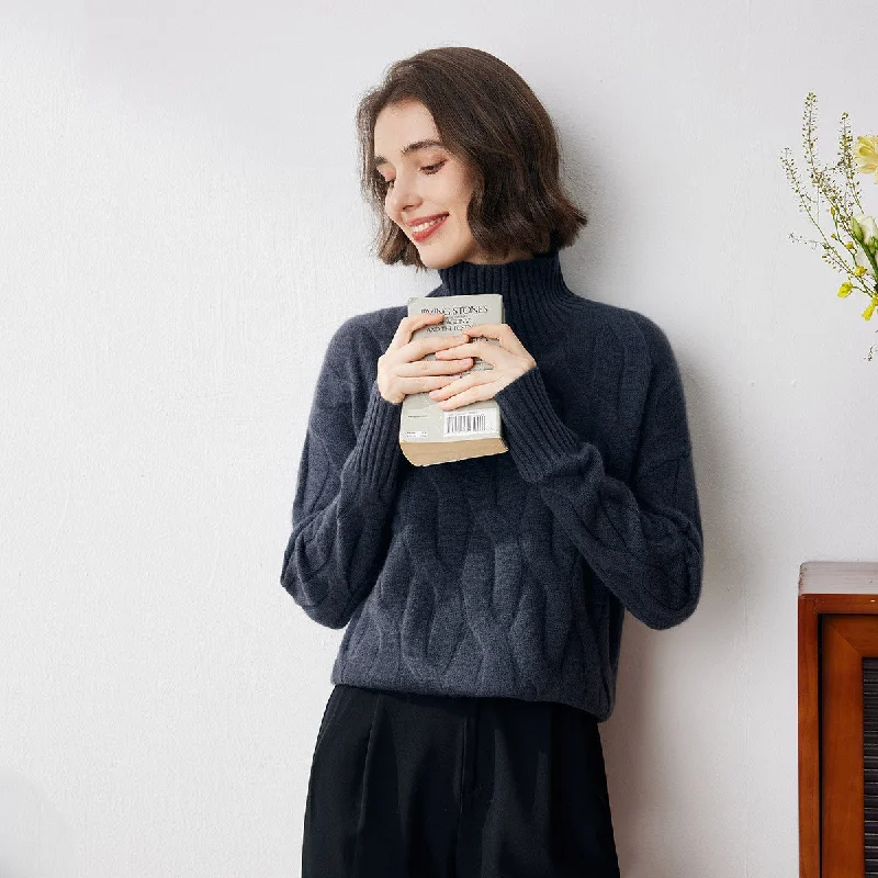 100% Cashmere  Turtleneck Cable Knit Sweater Monochromatic All - in - one