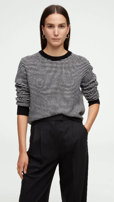 Striped Crewneck Sweater in Wool-Cashmere | Ivory/Black Laid - back Women's Vibe