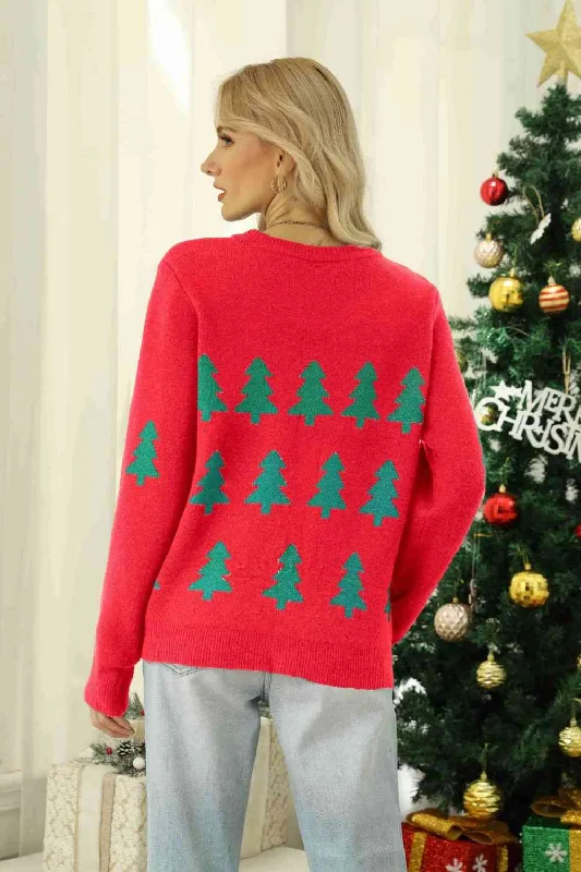 Christmas Tree Round Neck Ribbed Trim Sweater by VYSN