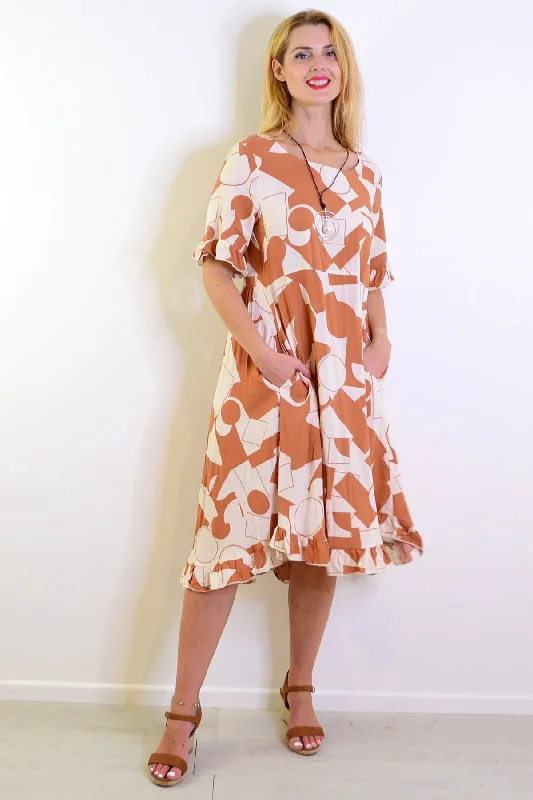 Coffee Cream Print Summer Dress