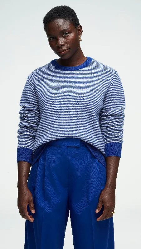 Striped Crewneck Sweater in Wool-Cashmere | Ivory/Cobalt Bold Women's Animal Print