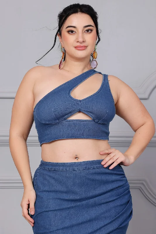 One Shoulder Front Cutout Denim Top