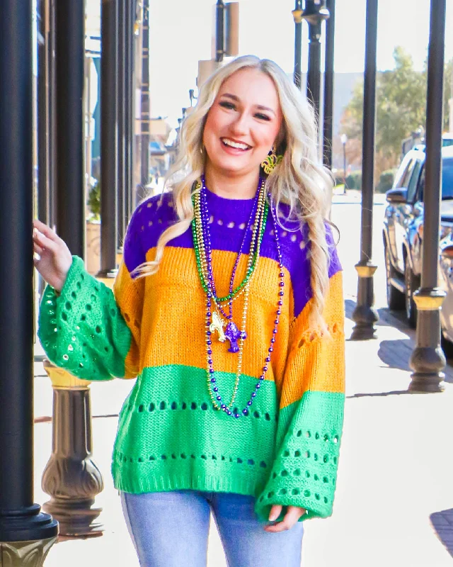 MARDI GRAS COLOR BLOCK SWEATER Cozy Women's Winter