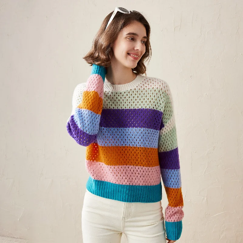 100% Cashmere Colorful Stripes Knit Sweater Artistic Women's Avant - 