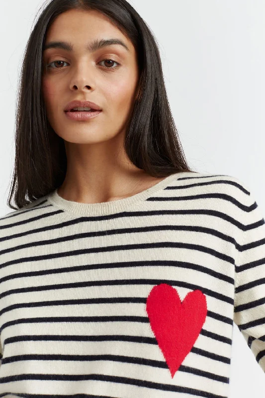 Cream-Navy Breton Heart Wool-Cashmere Sweater Bold Women's Statement