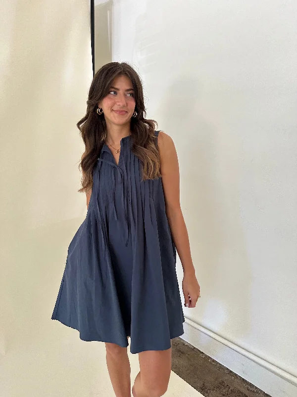 Charlotte Pintuck Poplin Cotton Mini Dress (Navy) Confident Women's High - fashion