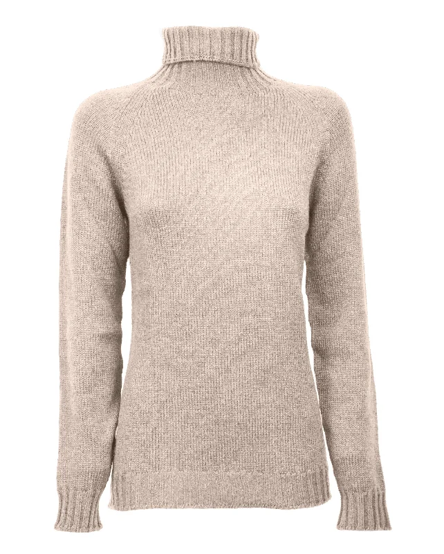 NEW FALL 24 - Women's Cashmere Raglan Sleeve Turtleneck Sweater Beige by Monticelli Cashmere Compression