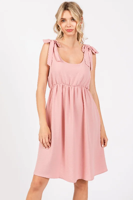 Pink Solid Tie-Shoulder Scoop Neck Dress