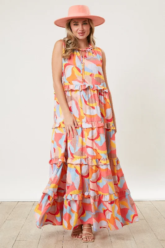 Orange Abstract Ruffle Tiered Maxi Dress