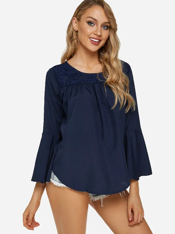 Custom Round Neck Plain Lace Long Sleeve Tee Bohemian Women's Free