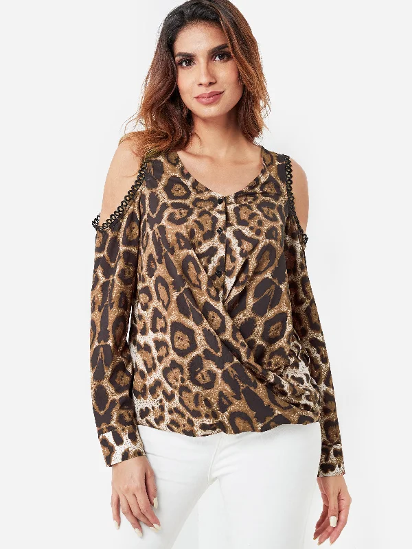 Custom V-Neck Cold Shoulder Leopard Crossed Front Long Sleeve Top