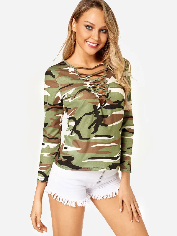 Custom V-Neck Camouflage Long Sleeve Green T-Shirts