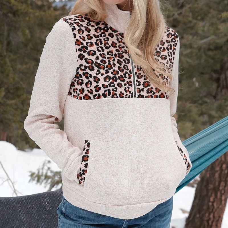 Cruel Women's 1/2 Zip Cream & Leopard Print Sweater Knit Pullover Cool Women's Distressed