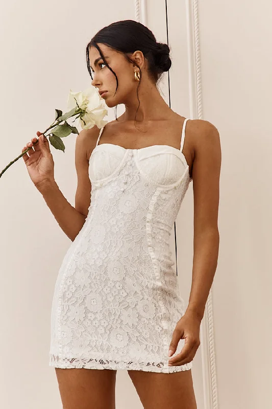Take A Risk Lace Satin Trim Mini Dress White Monochromatic All - in - one