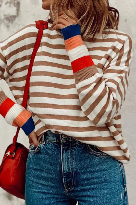 Striped Turtleneck Long Sleeve Sweater Polished Women's Silk