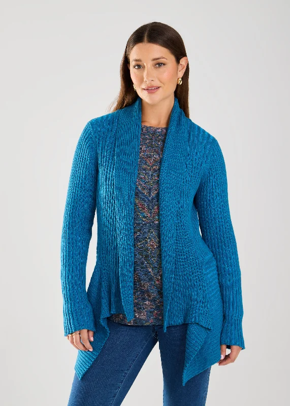 Long-Sleeve Two-Tone Cardigan, Deep Teal