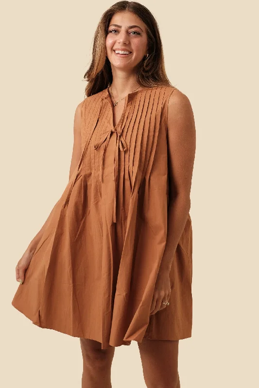 Charlotte Pintuck Poplin Cotton Mini Dress (Rust) Gym
