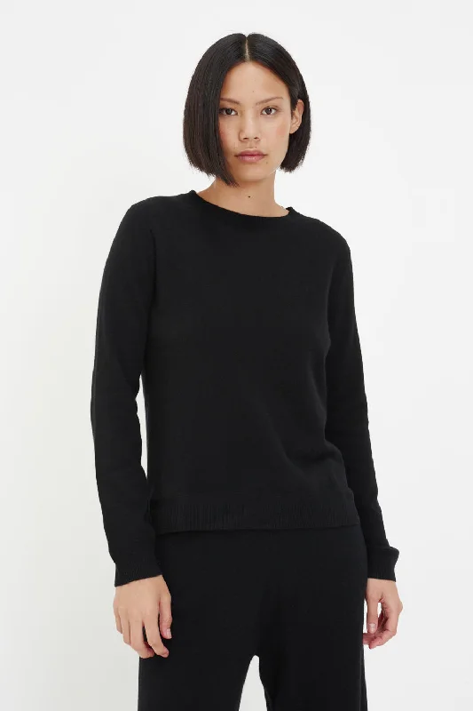 Black Cashmere Crew Neck Sweater Cozy Women's Sherpa - lined