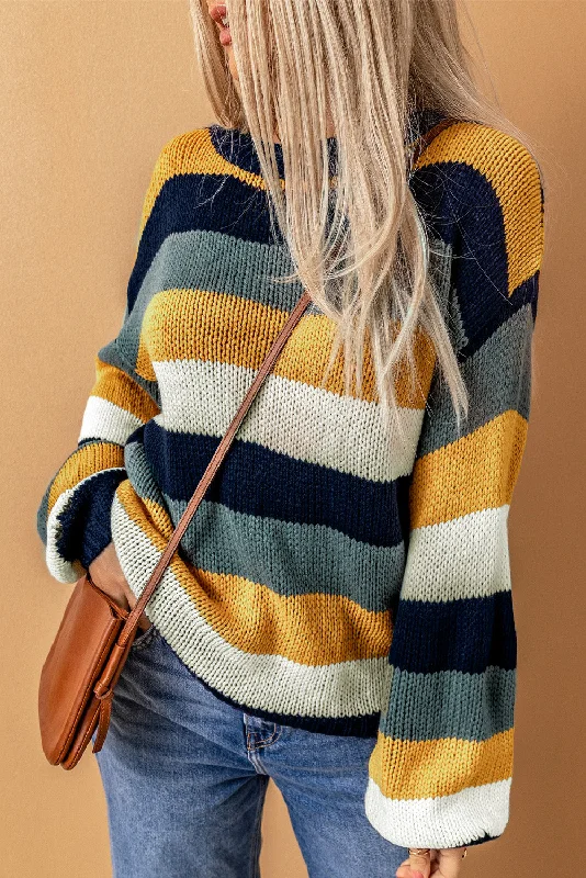 Color Block Round Neck Dropped Shoulder Sweater Refined Women's Hand - crafted