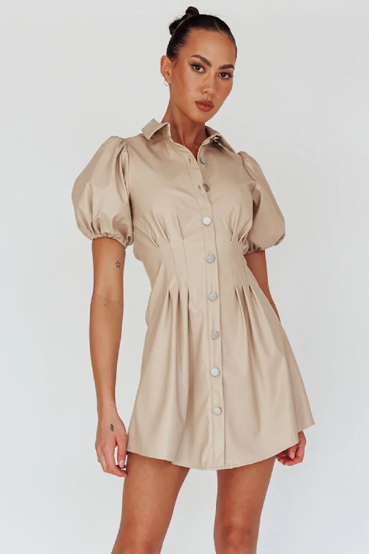 Zurich Pleated Waist Shirt Dress Faux Leather Nude Sporty Women's Athleisure 