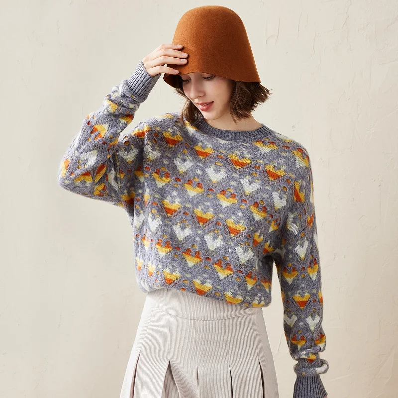 100% Cashmere Pastel Heart Knit Sweater Sporty Women's Tennis