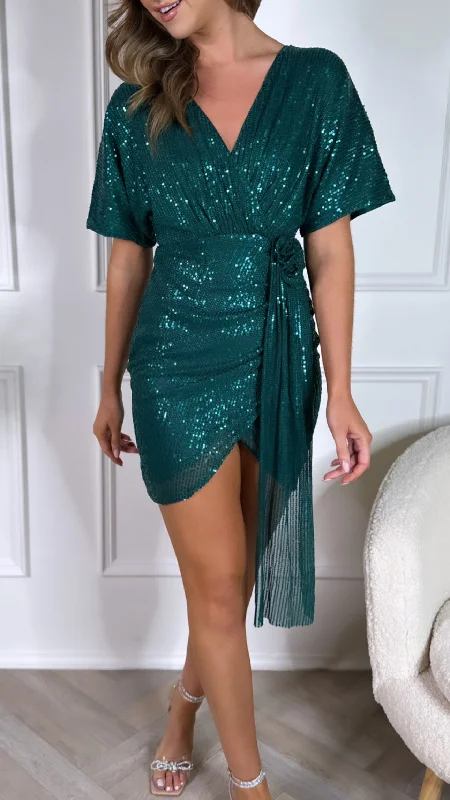 Percy Green Corsage Sequin Mini Dress Laid - back Women's Vibe