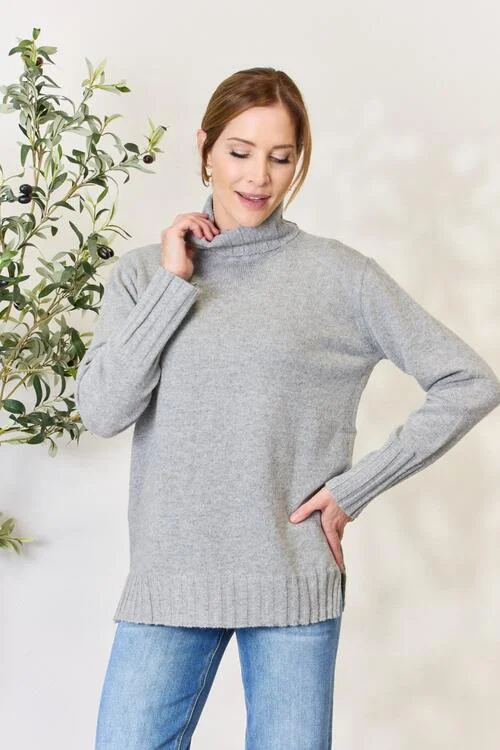 Heimish Full Size Turtleneck Long Sleeve Slit Sweater Sophisticated Women's 