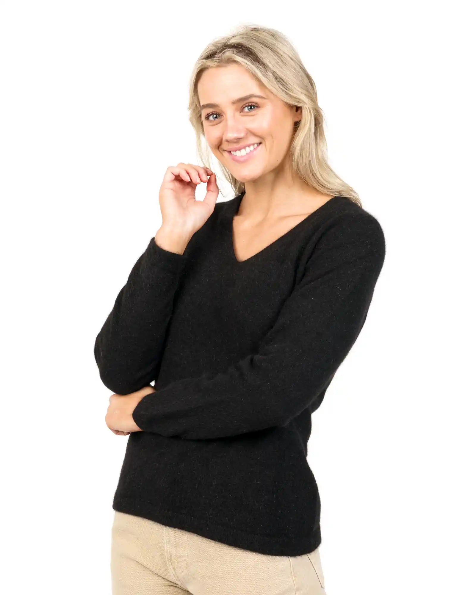 Black Women's Vee-Neck Merino Wool Sweater - NB396 Relaxed Women's 