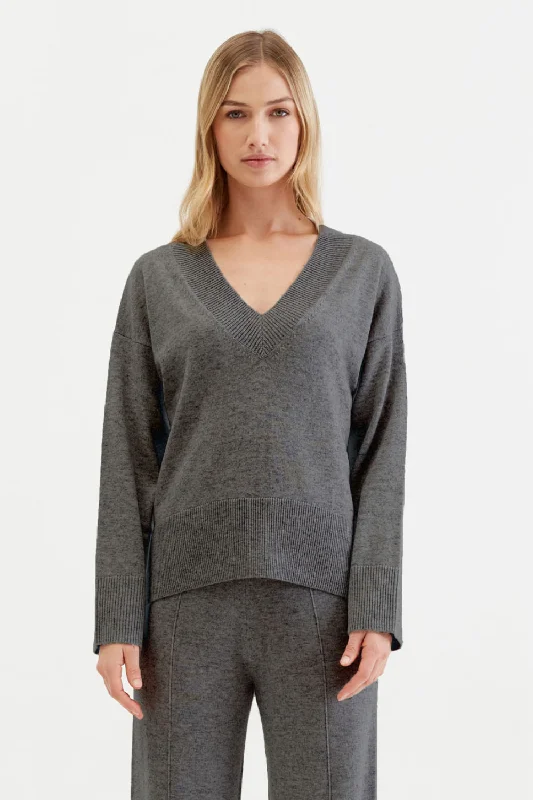 Dark-Grey Wool-Cashmere V-Neck Sweater Artistic Women's Hand - painted