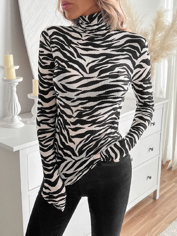 Zebra Print Turtleneck Long Sleeve T-Shirt Cool Women's Distressed