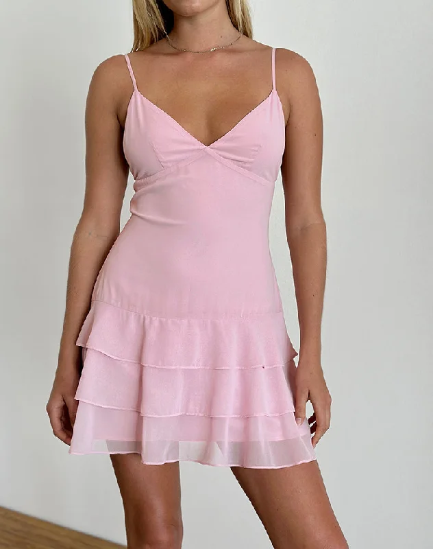 Riasi Ruffle Mini Dress in Chiffon Baby Pink Stylish Women's Tropical 