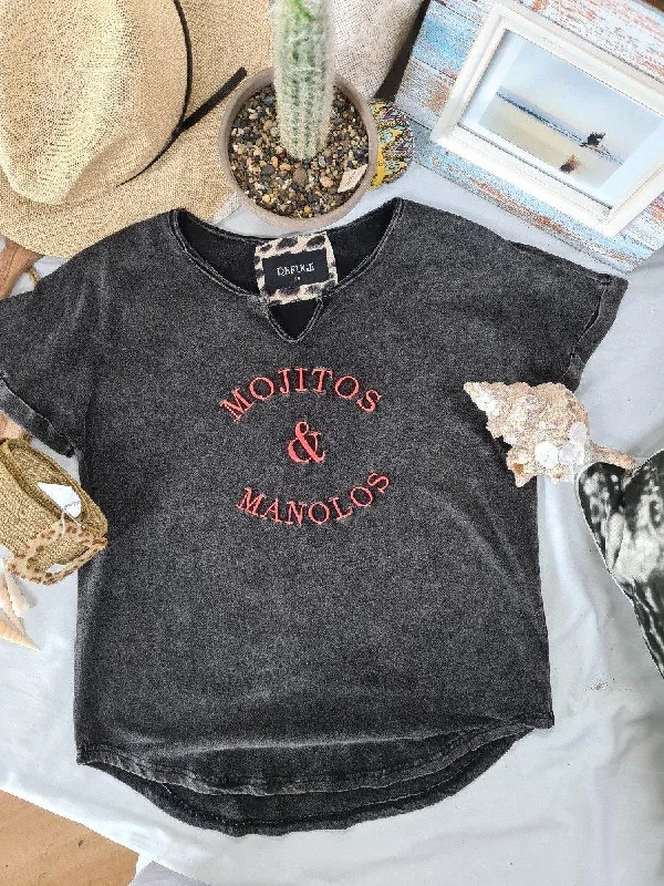 Mojitos & Manolos Charcoal  V Neck T-Shirt Refuge Denim Unique Women's Upcycled