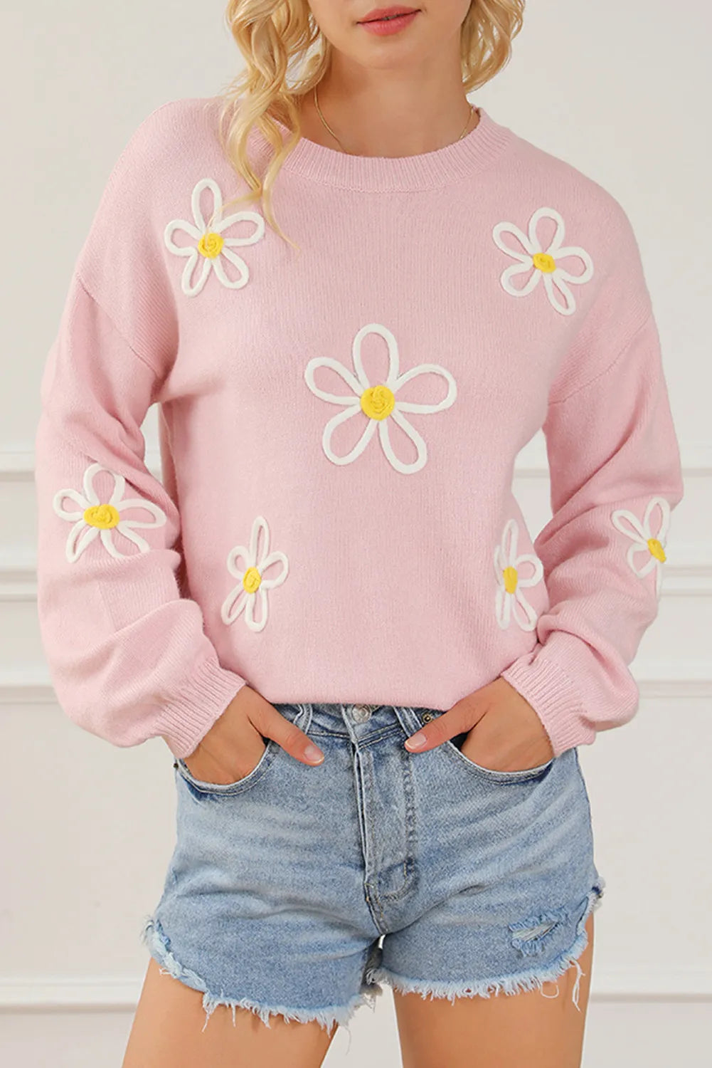 Flower Round Neck Dropped Shoulder Sweater Dynamic Women's High - energy