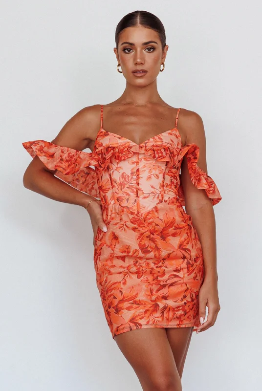 Catania Off-Shoulder Ruffle Mini Dress Floral Orange Refined Women's Hand - crafted