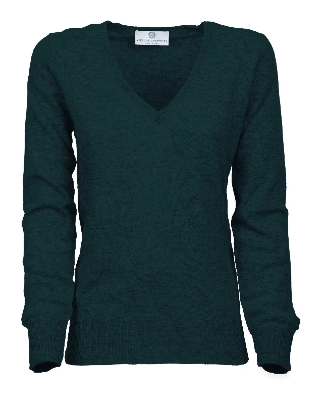 NEW FALL 24 - Women's Pure Cashmere V-Neck Sweater Forest Green by Monticelli Cashmere Sharp Women's Italian