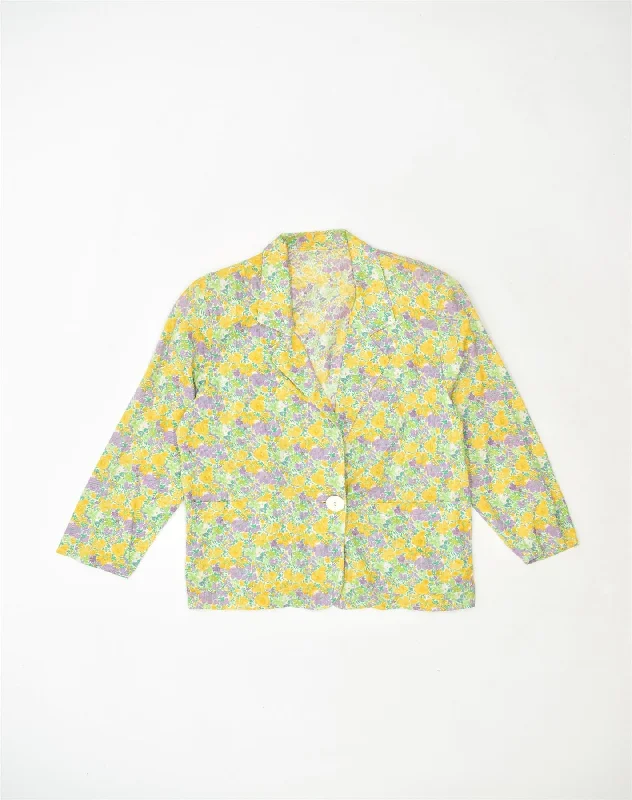 VINTAGE Womens 1 Button Blazer Jacket UK 18 XL Yellow Floral Cotton Classic Women's Pin - striped