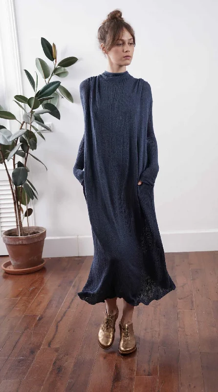 Dark blue navy Knit long Dress Unique Women's Upcycled