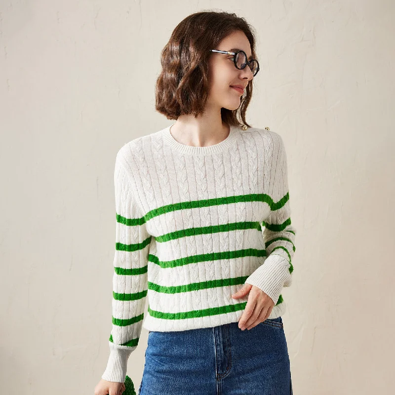 100% Cashmere Cable Knit Striped Sweater with Button Details Hip Women's Retro