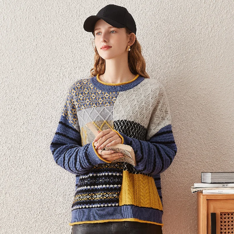 100% Cashmere Patchwork Knit Sweater with Striped Sleeves Hip Women's Retro