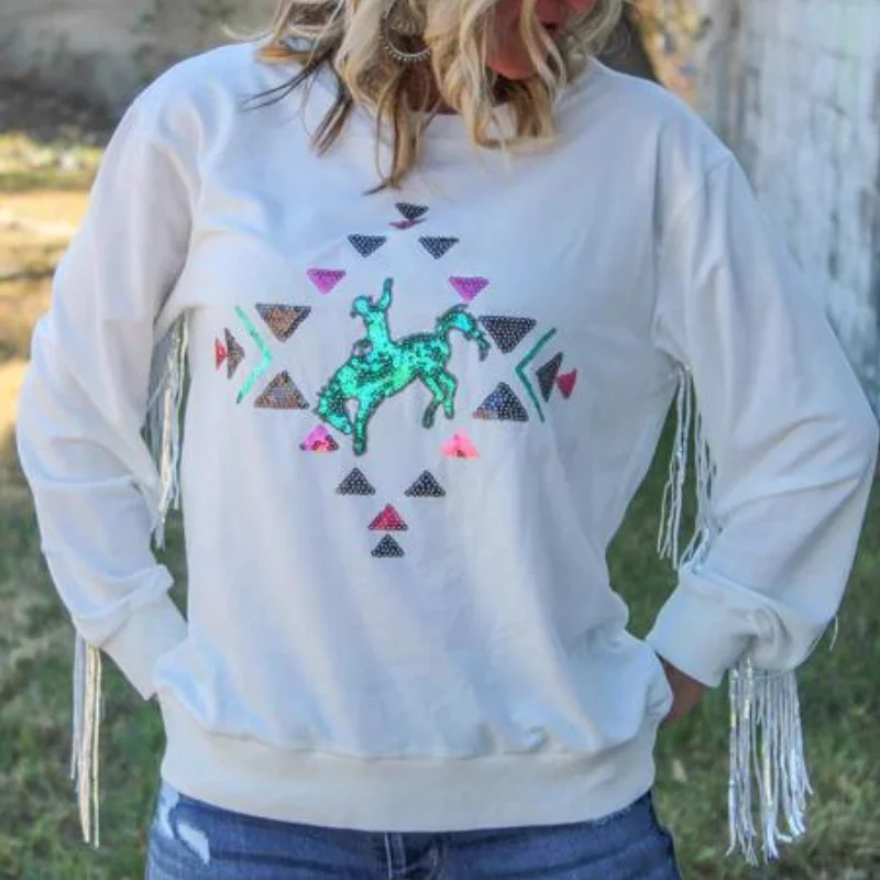 Online Exclusive | Casanova Sequin Fringe Long Sleeve Sweater in White Artistic Women's Avant - 