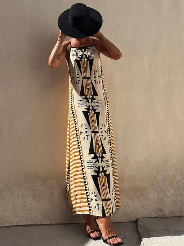 Ethnic Print Backless Charming A-line Maxi Dress