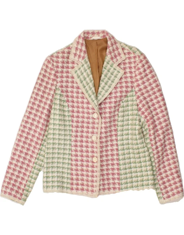 VINTAGE Womens 3 Button Blazer Jacket UK 14 Medium Pink Houndstooth