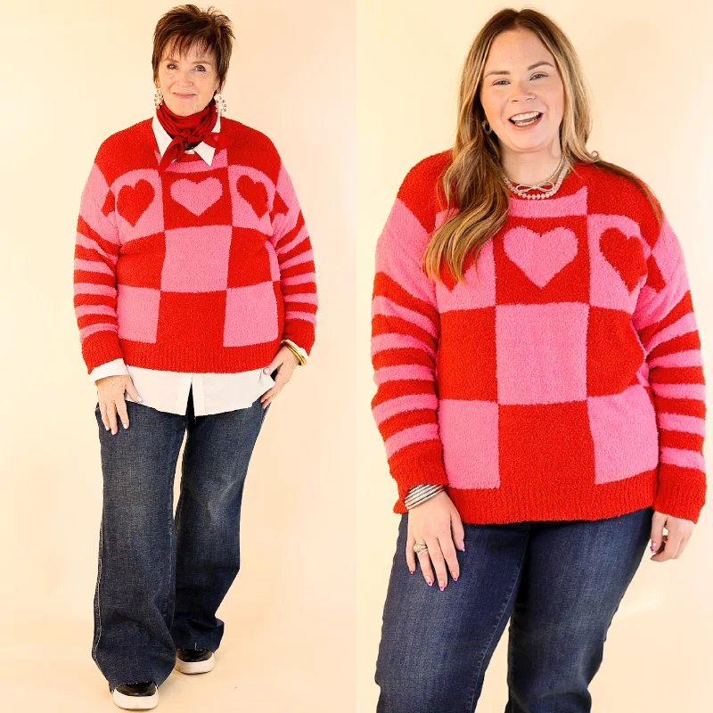 Heart on My Sleeve Checkered Sweater with Hearts in Red and Pink Dapper Women's Bow - adorned