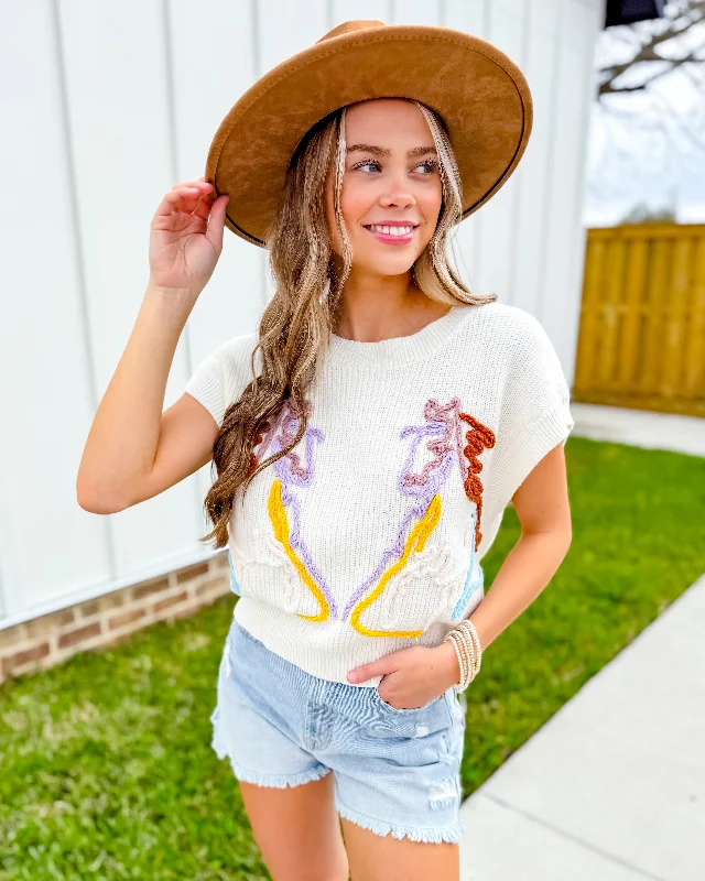 Yarn Horses Embroidery Sweater Minimalist Women's Casual