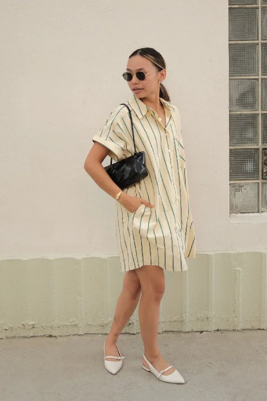 Winter Green Striped Cotton Buttoned Mini Dress Refined Women's 