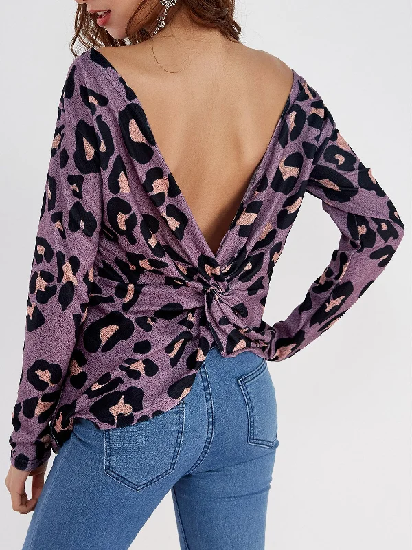 Custom Bateau Leopard Backless Long Sleeve Purple T-Shirts Relaxed Women's Beachy