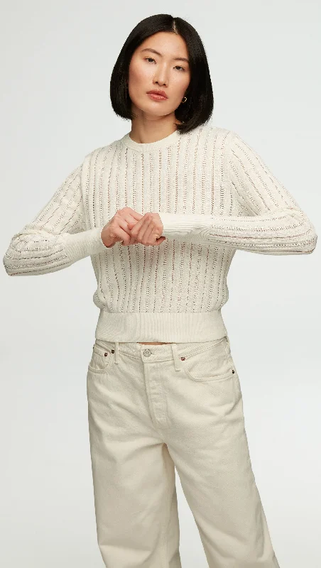 Open Cable Crewneck in Cotton | Ivory Refined Women's Classic 